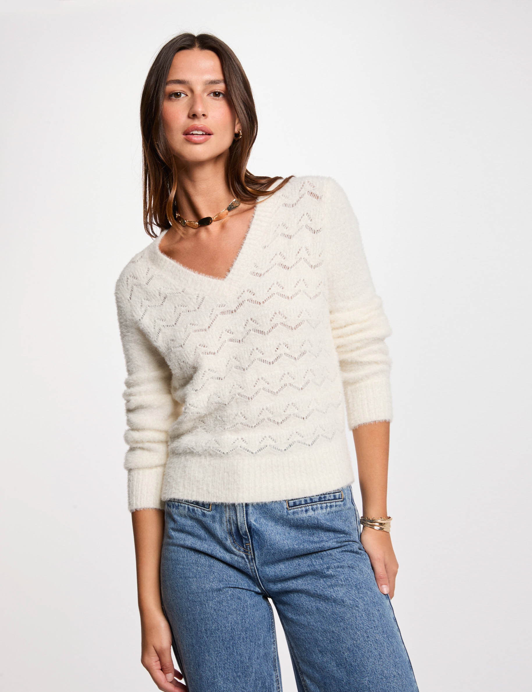 Pull col en V ivoire femme - Morgan - Modalova