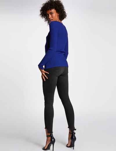 Pull manches longues tricotage en c&ocirc;te bleu femme