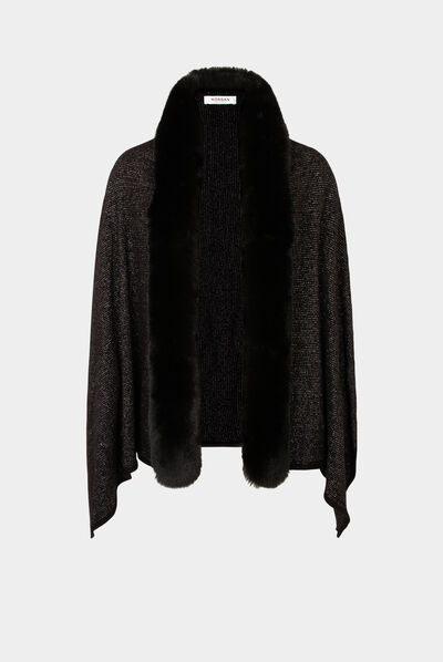 Poncho à détails imitation fourrure noir femme