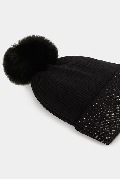Bonnet avec strass et pompon noir femme