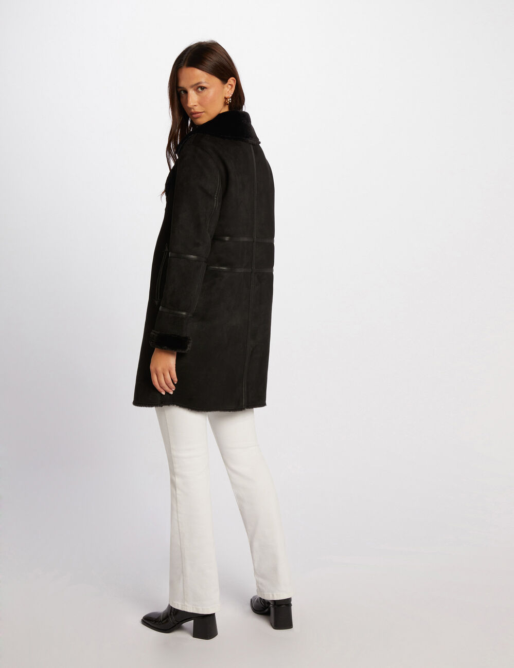 Manteau long su&eacute;dine noir femme