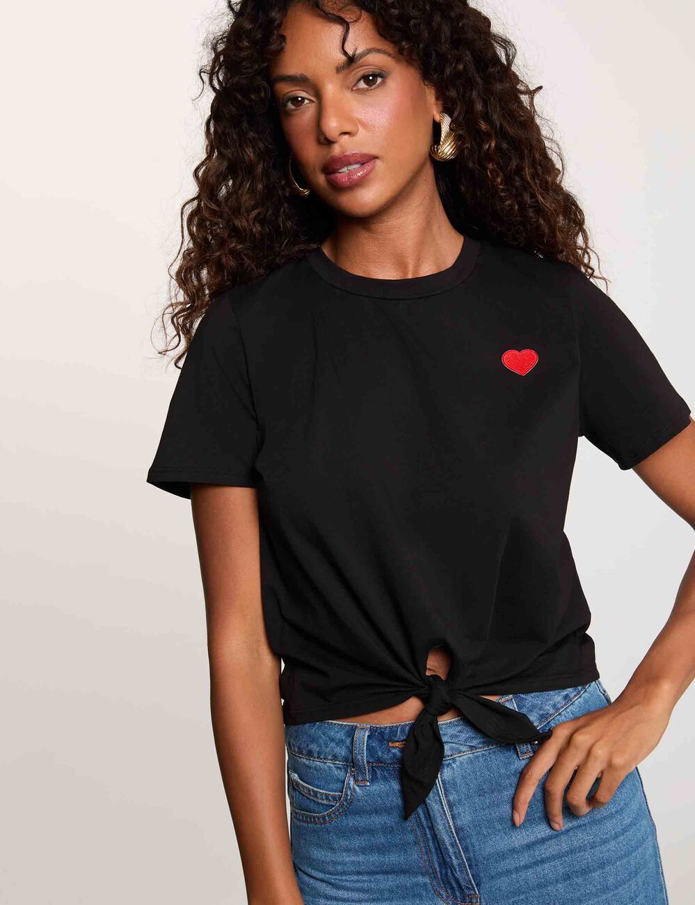 T-shirt noeud col rond noir femme