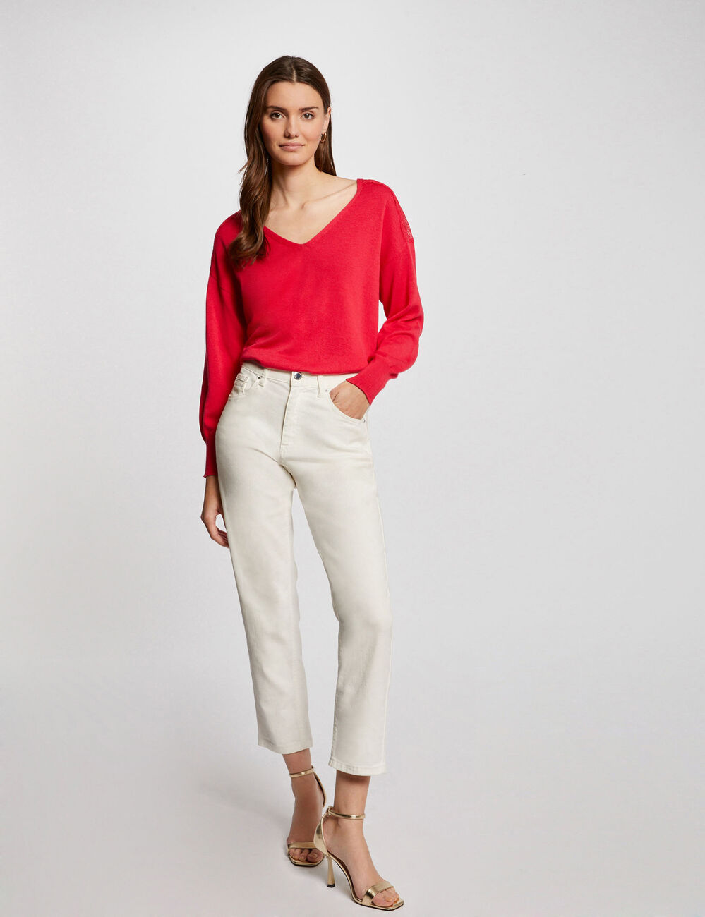 Pull col en V manches longues rouge moyen femme