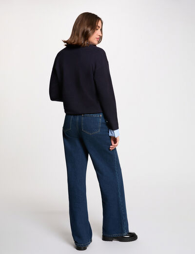 Pull col revers ray&eacute; bleu marine femme