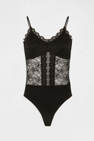 Body bretelles fines en dentelle noir femme