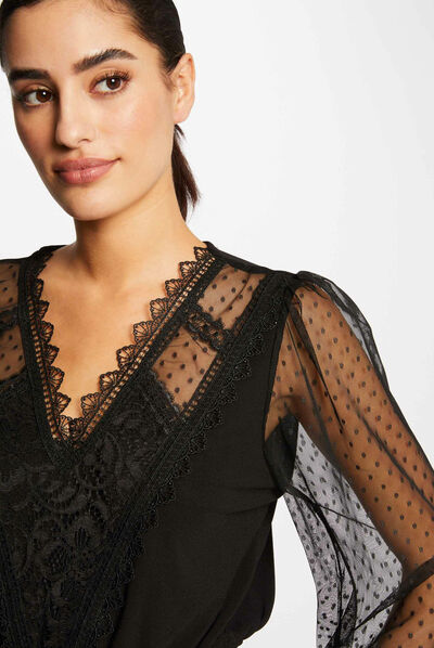 T-shirt manches longues avec plumetis noir femme