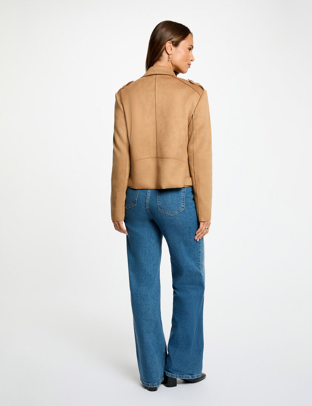 Veste courte su&eacute;dine marron cognac femme