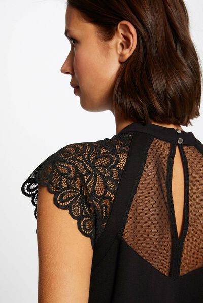 T-shirt manches courtes à dentelle noir femme