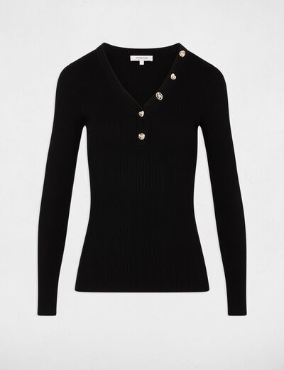 Pull col v fantaisie noir femme