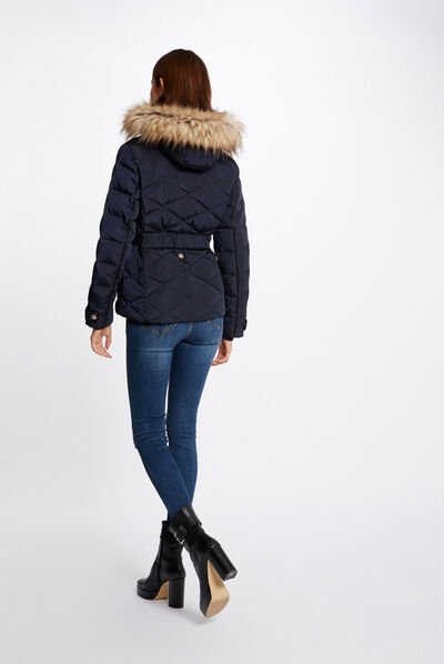Doudoune droite ceinturée à capuche marine femme