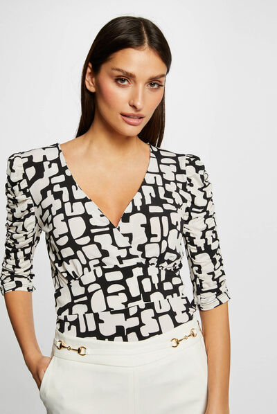 T-shirt manches 3/4 imprimé géométrique ecru femme