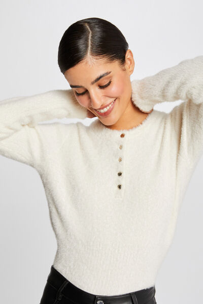 Pull manches longues à col rond ivoire femme