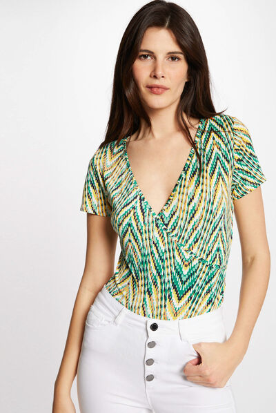 T-shirt manches courtes imprimé abstrait vert femme