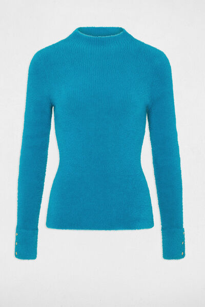 Pull manches longues maille duveteuse bleu femme