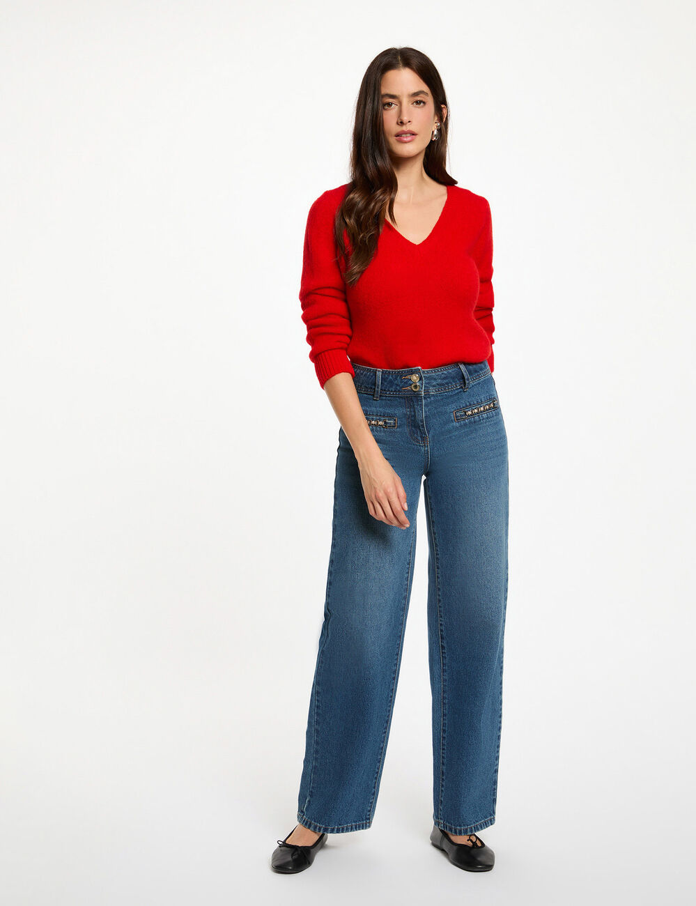 Pull court col v rouge femme