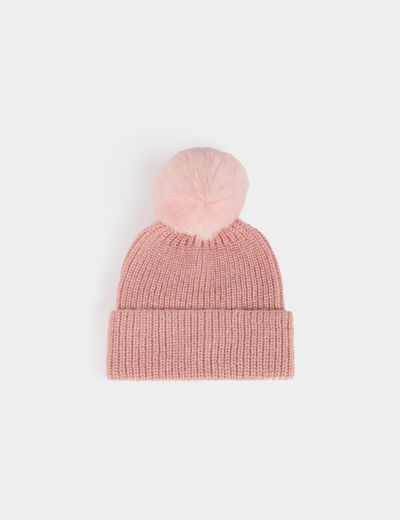 Bonnet &agrave; pompon rose poudr&eacute;e femme