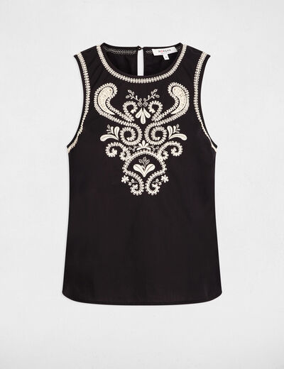 Top brod&eacute; sans manches noir femme