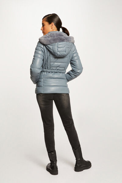 Doudoune droite ceinturée à capuche bleu femme