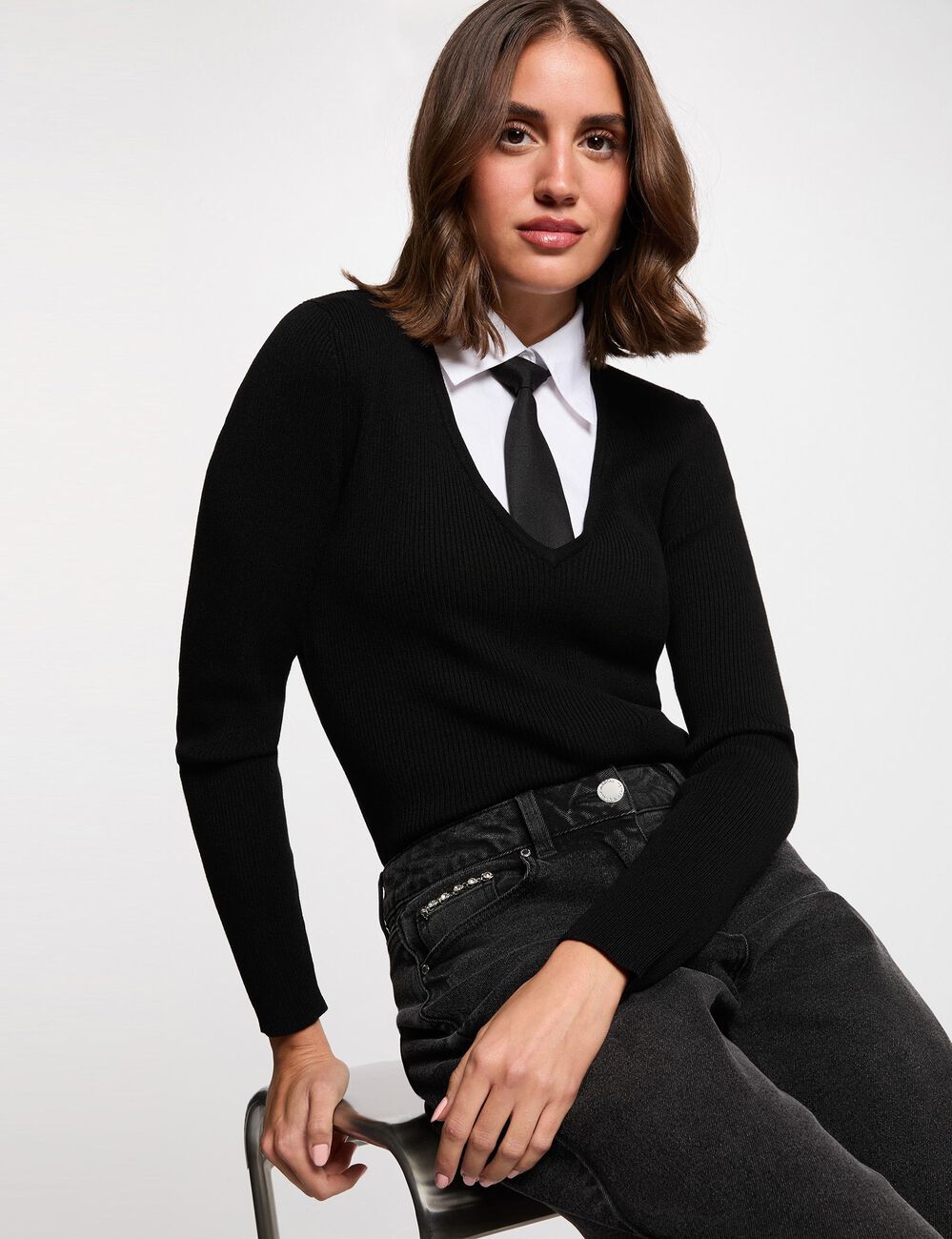 Pull 2-en-1 col &agrave; revers noir femme