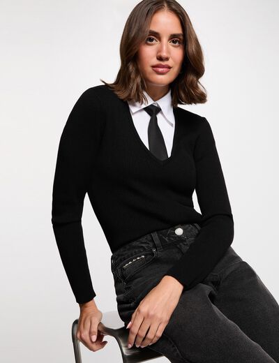 Pull 2-en-1 col &agrave; revers noir femme