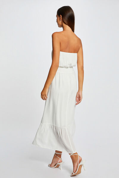 Robe longue cintrée col bustier ecru femme