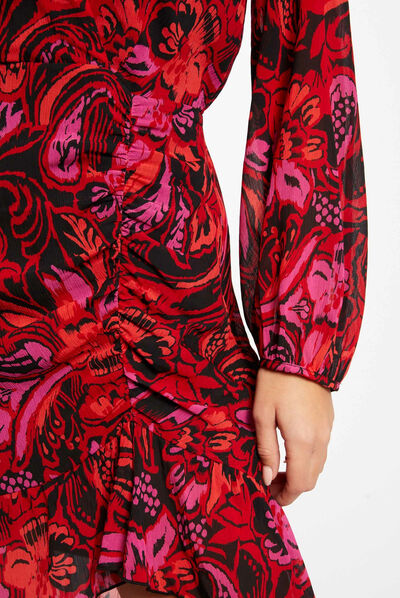 Robe droite froncée imprimé végétal multico femme