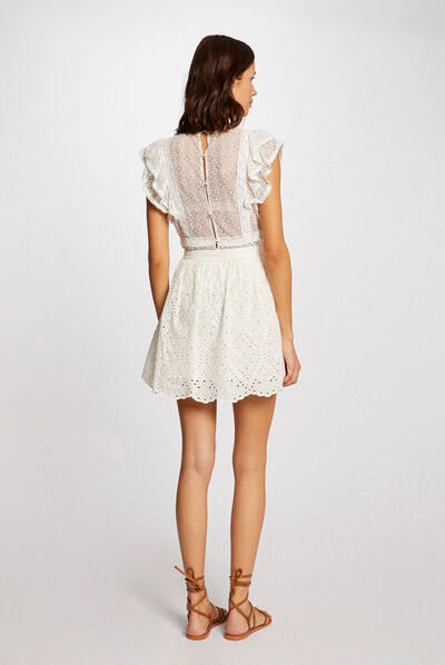 Jupe droite en broderie anglaise ecru femme