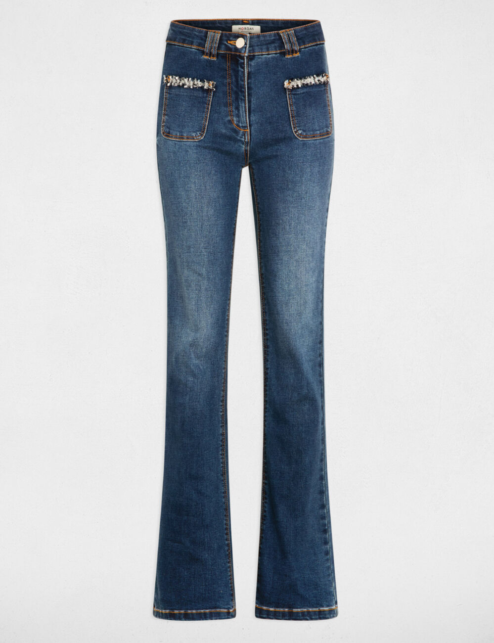 Jeans bootcut détails franges denim stone femme