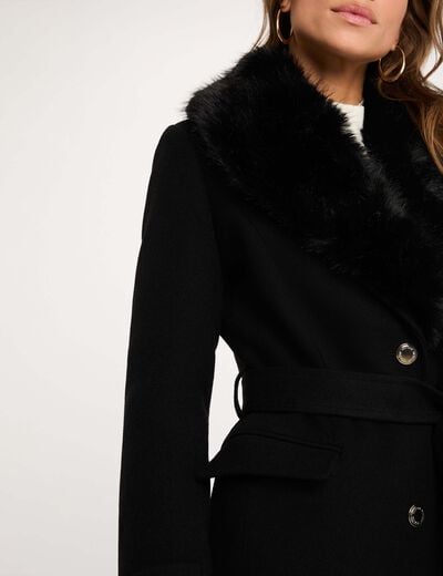 Manteau long ceintur&eacute; noir femme