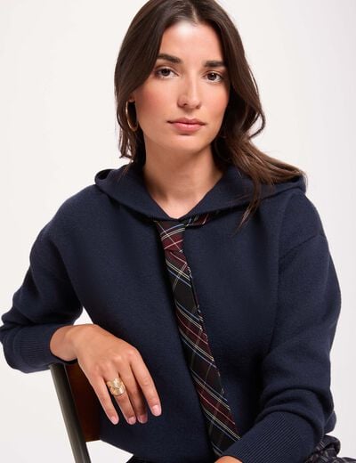 Pull &agrave; capuche bleu marine femme