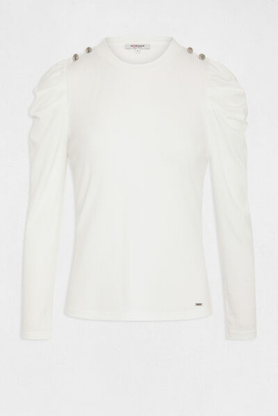 T-shirt manches longues côtelé ecru femme