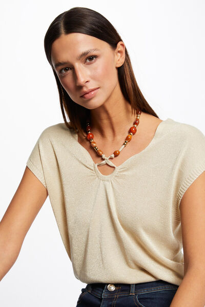 Pull manches courtes avec perles beige femme