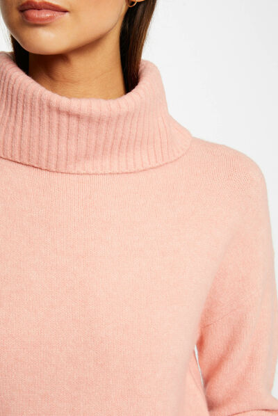 Pull manches longues col roulé corail femme