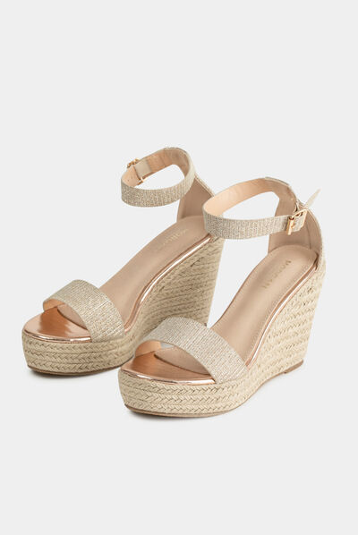 Sandales compensées à paillettes dore femme