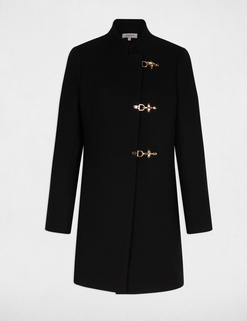 Manteau cintr&eacute; col montant noir femme