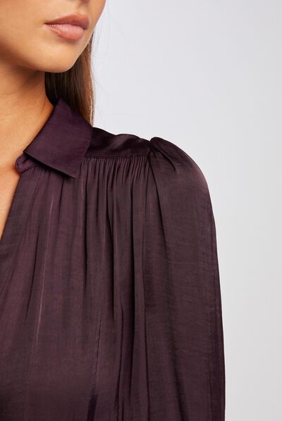 Chemise manches longues satin prune femme