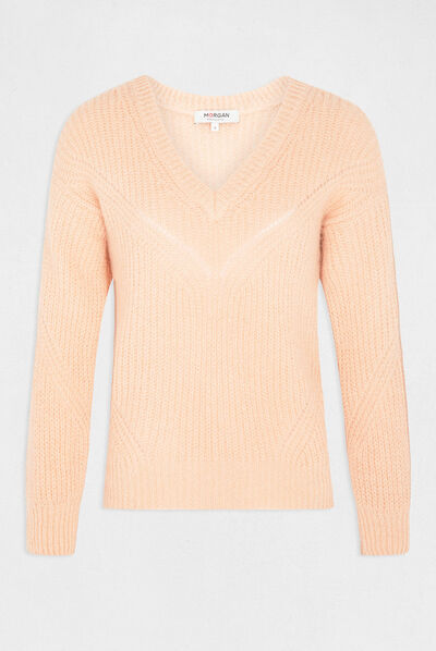 Pull manches longues à col en V orange clair femme