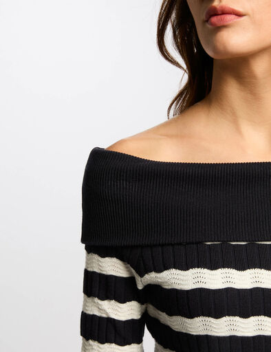 pull col bardot raye bleu marine femme Pull col bardot rayé bleu marine femme