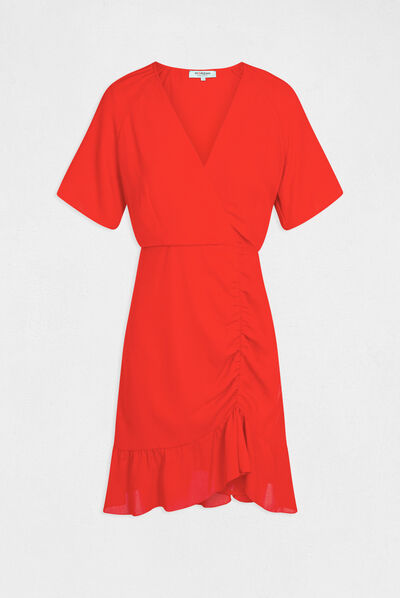 Robe cintrée froncée col cache-coeur rouge femme