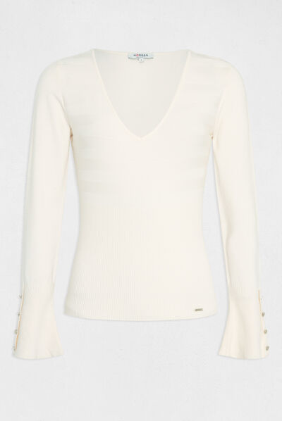 Pull manches longues avec col en V ivoire femme