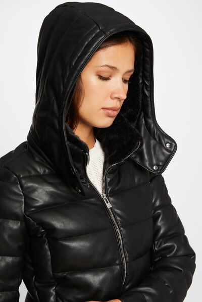 Doudoune droite à capuche noir femme