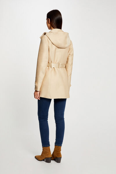 Trench droit ceinturé à capuche beige femme