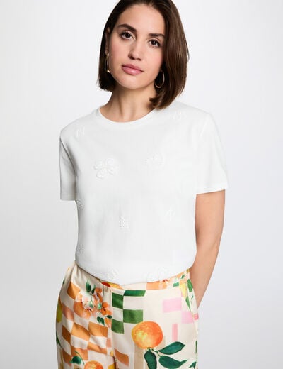 T-shirt brod&eacute; col rond blanc femme