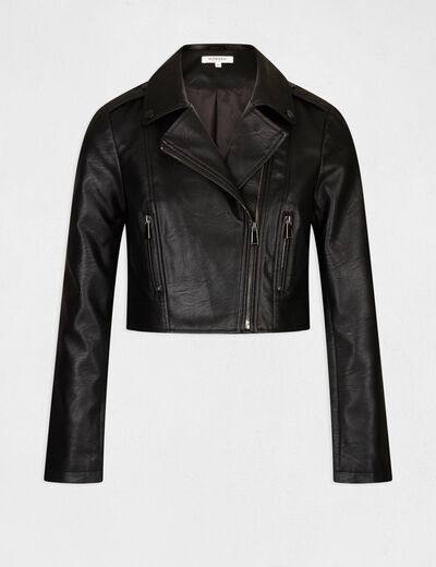 Blouson droit zippé simili cuir noir femme