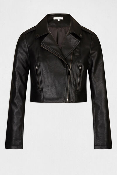 Blouson droit zippé simili cuir noir femme