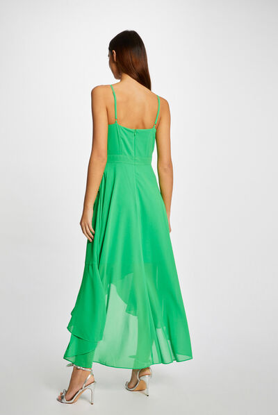 Robe longue évasée à volants vert femme