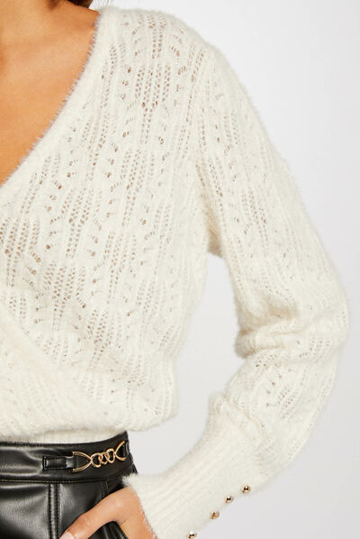 Pull manches longues à col cache-coeur ivoire femme