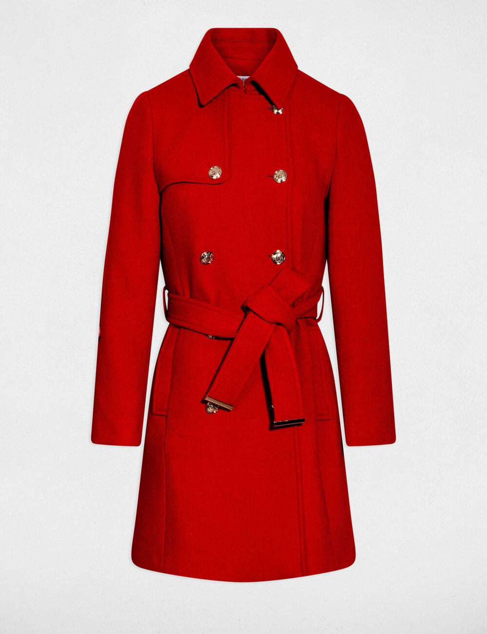 Manteau long ceintur&eacute; rouge femme