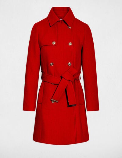 Manteau long ceintur&eacute; rouge femme