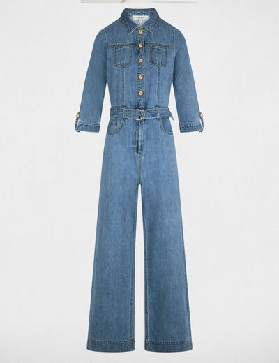 Combinaison jean jambes larges denim stone femme